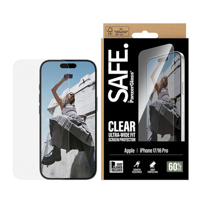 Beskyttelsesfolie PanzerGlass Safe skjerm. Ultra-Wide Fit EasyAligner for Apple iPhone 17 / 16 Pro, Herdet glass, Full lim