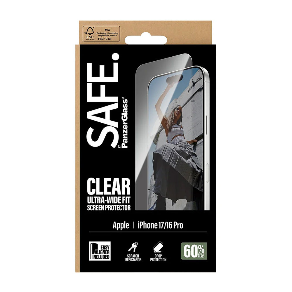Beskyttelsesfolie PanzerGlass Safe skjerm. Ultra-Wide Fit EasyAligner for Apple iPhone 17 / 16 Pro, Herdet glass, Full lim