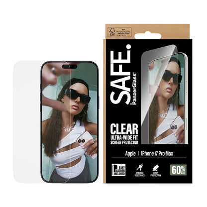 Skjermbeskytter PanzerGlass Safe. Ultra-Wide Fit EasyAligner for Apple iPhone 17 Pro Max, Herdet Glass, Full Glue
