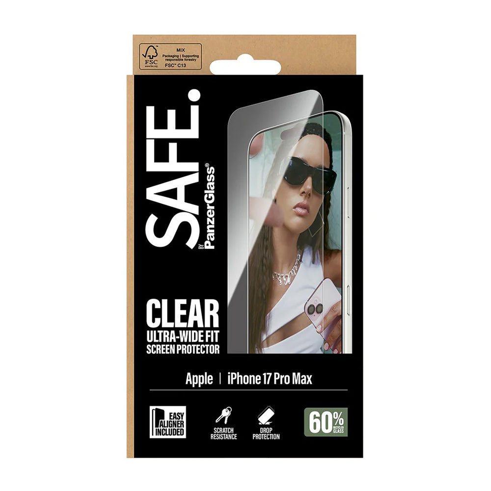 Skjermbeskytter PanzerGlass Safe. Ultra-Wide Fit EasyAligner for Apple iPhone 17 Pro Max, Herdet Glass, Full Glue