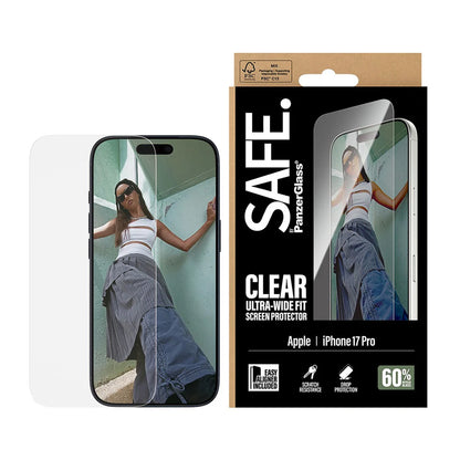 Skjermbeskytter PanzerGlass Safe. Ultra-Wide Fit EasyAligner for Apple iPhone 17 Pro, Herdet Glass, Full Glue