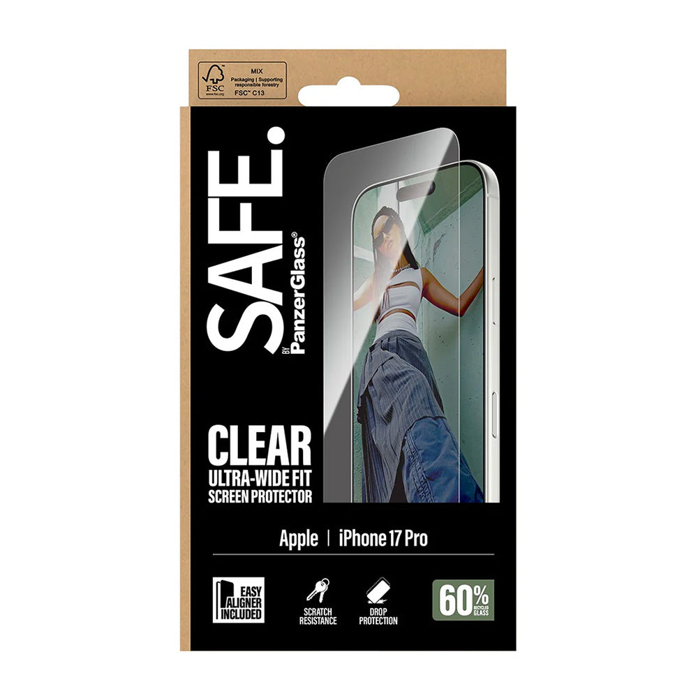Skjermbeskytter PanzerGlass Safe. Ultra-Wide Fit EasyAligner for Apple iPhone 17 Pro, Herdet Glass, Full Glue
