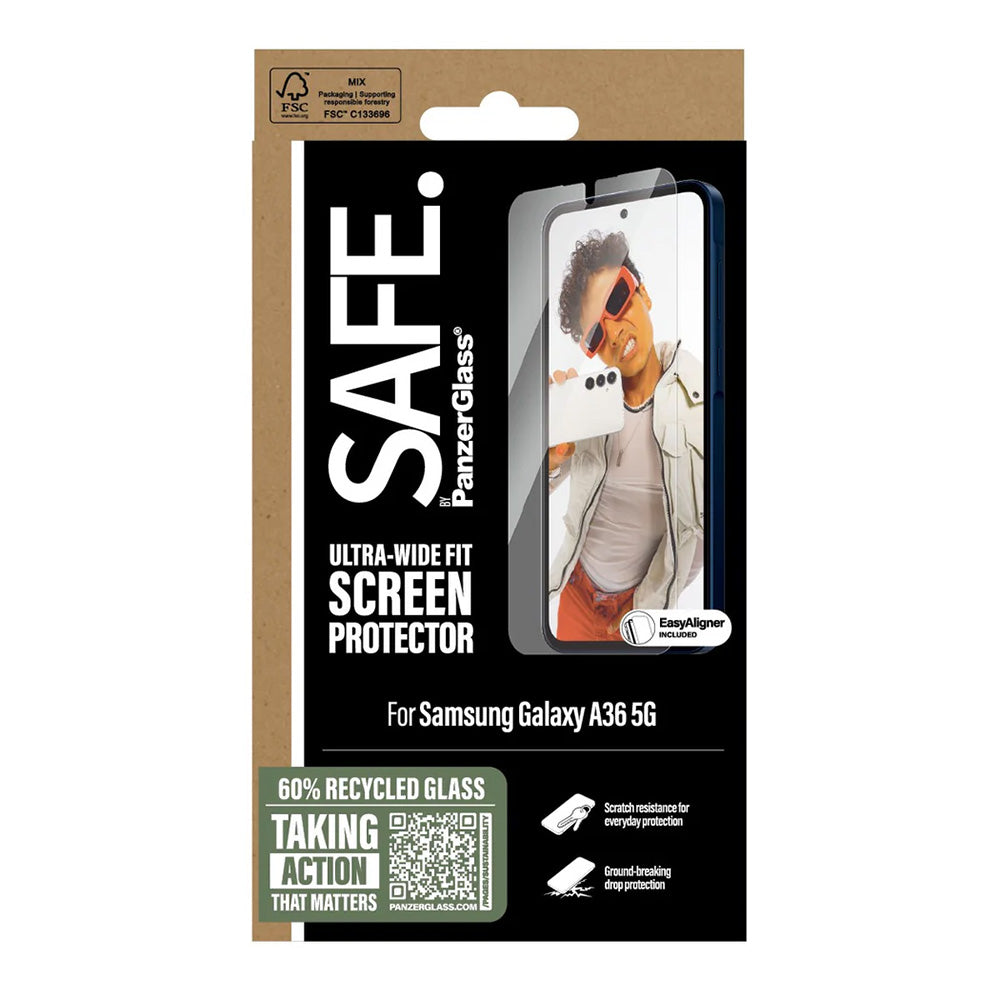 PanzerGlass Safe skjermbeskyttelsesfolie. Ultra-Wide Fit EasyAligner for Samsung Galaxy A36 A366, Herdet glass, Full lim