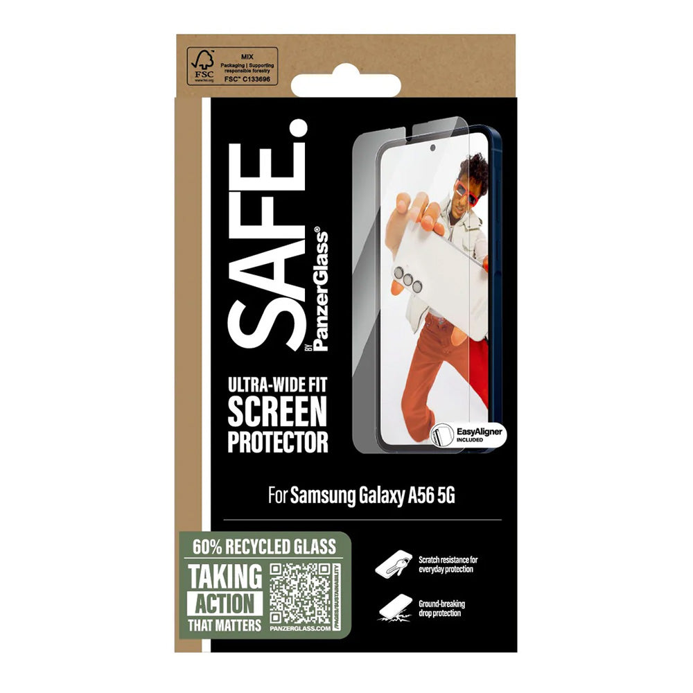 Beskyttelsesfolie PanzerGlass Safe skjerm. Ultra-Wide Fit EasyAligner for Samsung Galaxy A56 A566, Herdet glass, Full lim