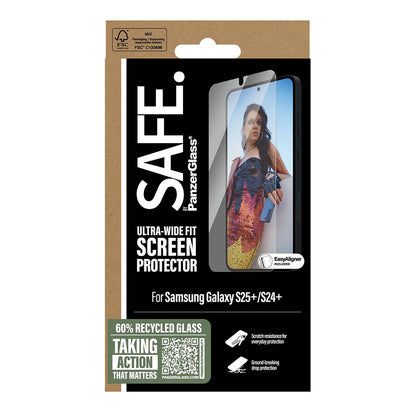 PanzerGlass Safe skjermbeskyttelsesfolie. Ultra-Wide Fit EasyAligner for Samsung Galaxy S25+ S936 / S24+ S926, Herdet glass, Full Glue