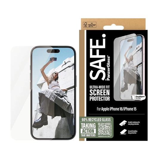Skjermbeskytter PanzerGlass Safe. Ultra-Wide Fit for Apple iPhone 16 / 15, Herdet glass, Full lim