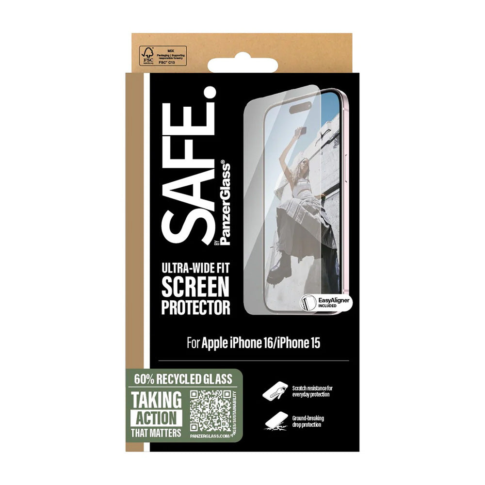 Skjermbeskytter PanzerGlass Safe. Ultra-Wide Fit for Apple iPhone 16 / 15, Herdet glass, Full lim
