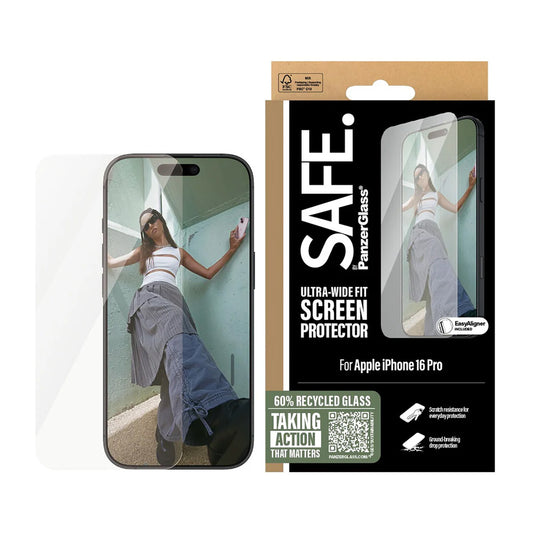 PanzerGlass Safe skjermbeskyttelsesfolie. Ultra-Wide Fit for Apple iPhone 16 Pro, Herdet glass, Full Glue