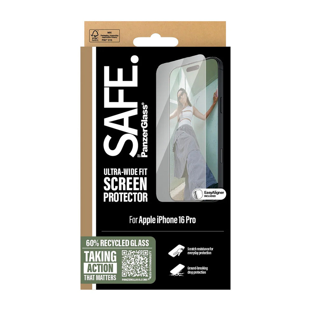 PanzerGlass Safe skjermbeskyttelsesfolie. Ultra-Wide Fit for Apple iPhone 16 Pro, Herdet glass, Full Glue