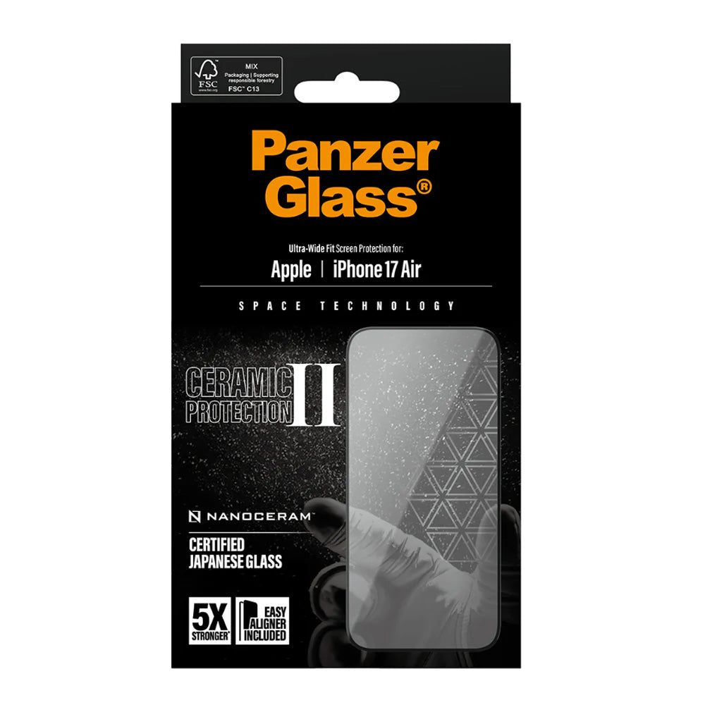 Beskyttelsesfolie PanzerGlass Ultra-Wide Ceramic II EasyAligner for Apple iPhone 17 Air, Herdet Glass, Full Glue, Svart