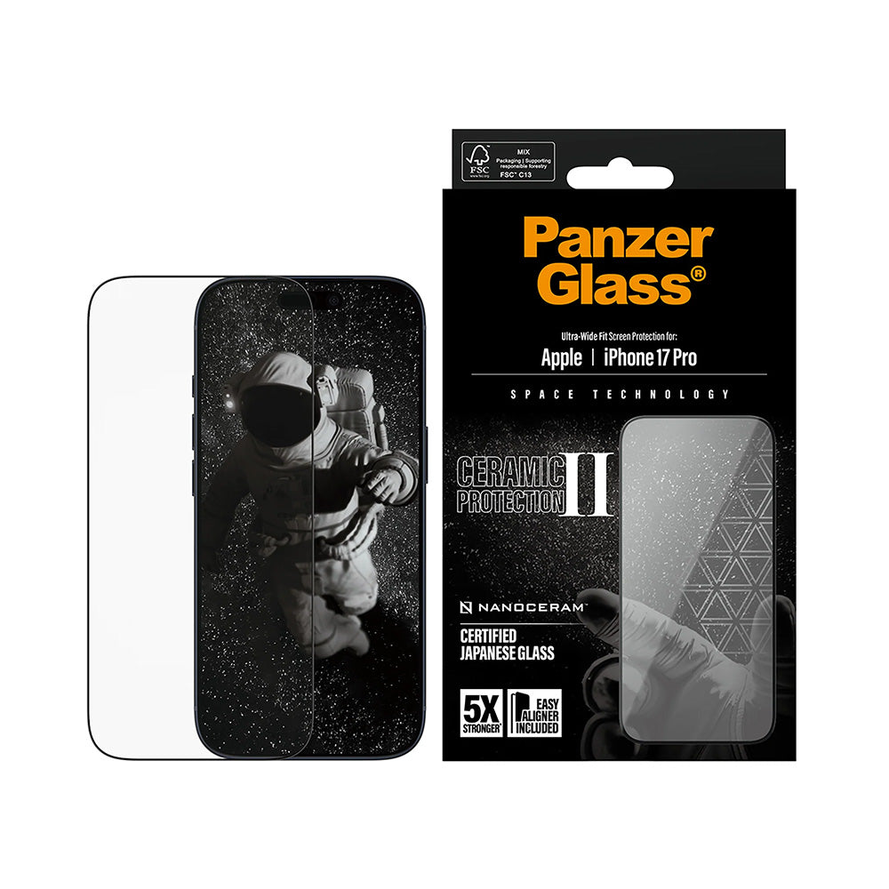 Beskyttelsesfolie PanzerGlass Ultra-Wide Ceramic II EasyAligner for Apple iPhone 17 Pro, Herdet Glass, Full Glue, Svart