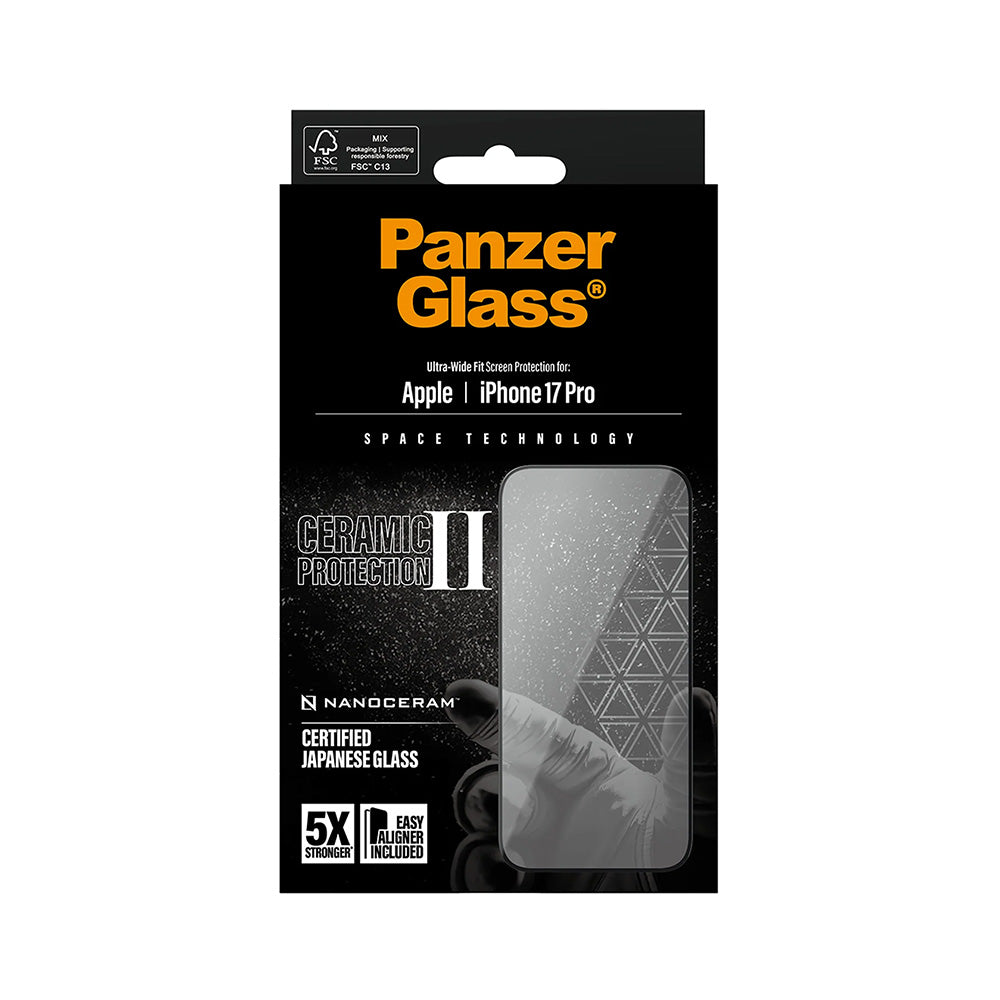 Beskyttelsesfolie PanzerGlass Ultra-Wide Ceramic II EasyAligner for Apple iPhone 17 Pro, Herdet Glass, Full Glue, Svart