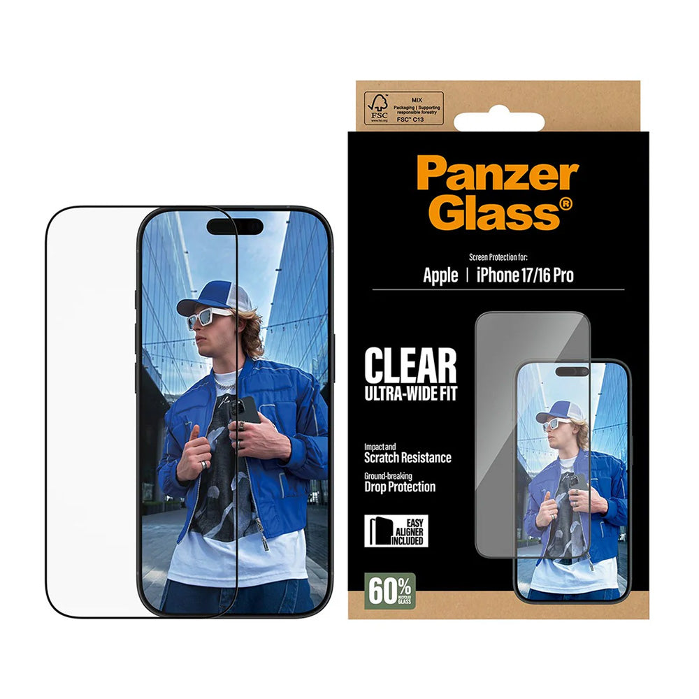 Beskyttelsesfolie PanzerGlass Ultra-Wide Fit EasyAligner for Apple iPhone 17 / 16 Pro, Herdet Glass, Full Lim, Svart