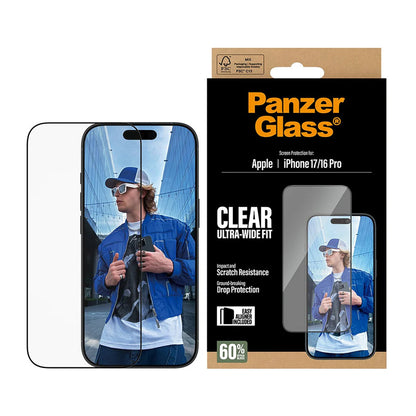 Beskyttelsesfolie PanzerGlass Ultra-Wide Fit EasyAligner for Apple iPhone 17 / 16 Pro, Herdet Glass, Full Lim, Svart