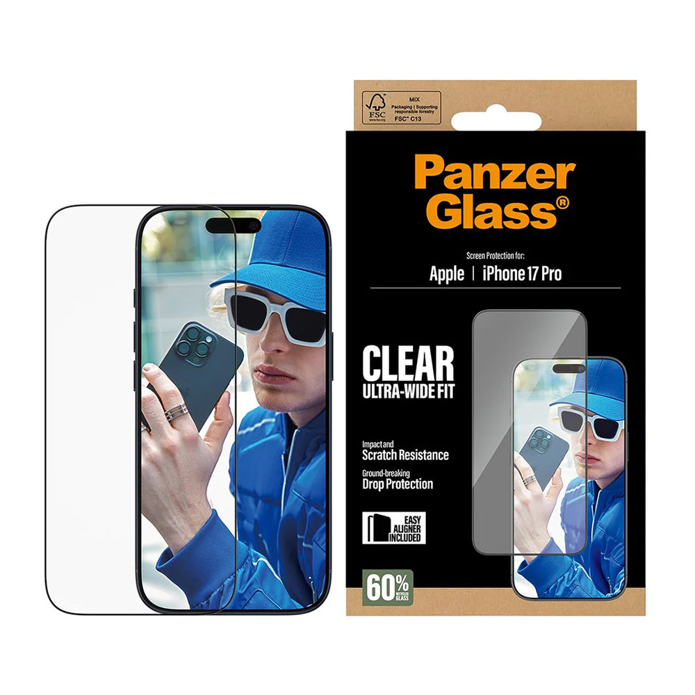 Beskyttelsesfolie Skjerm PanzerGlass Ultra-Wide Fit EasyAligner for Apple iPhone 17 Pro, Herdet Glass, Full Lim, Svart