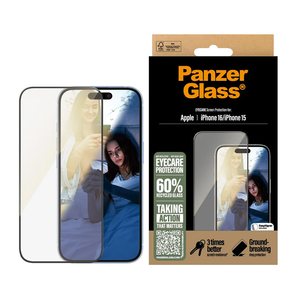 Beskyttelsesfolie PanzerGlass Ultra-Wide Fit EyeCare for Apple iPhone 16 / 15, Herdet Glass, Full Glue, Svart