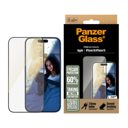 Beskyttelsesfolie PanzerGlass Ultra-Wide Fit EyeCare for Apple iPhone 16 / 15, Herdet Glass, Full Glue, Svart