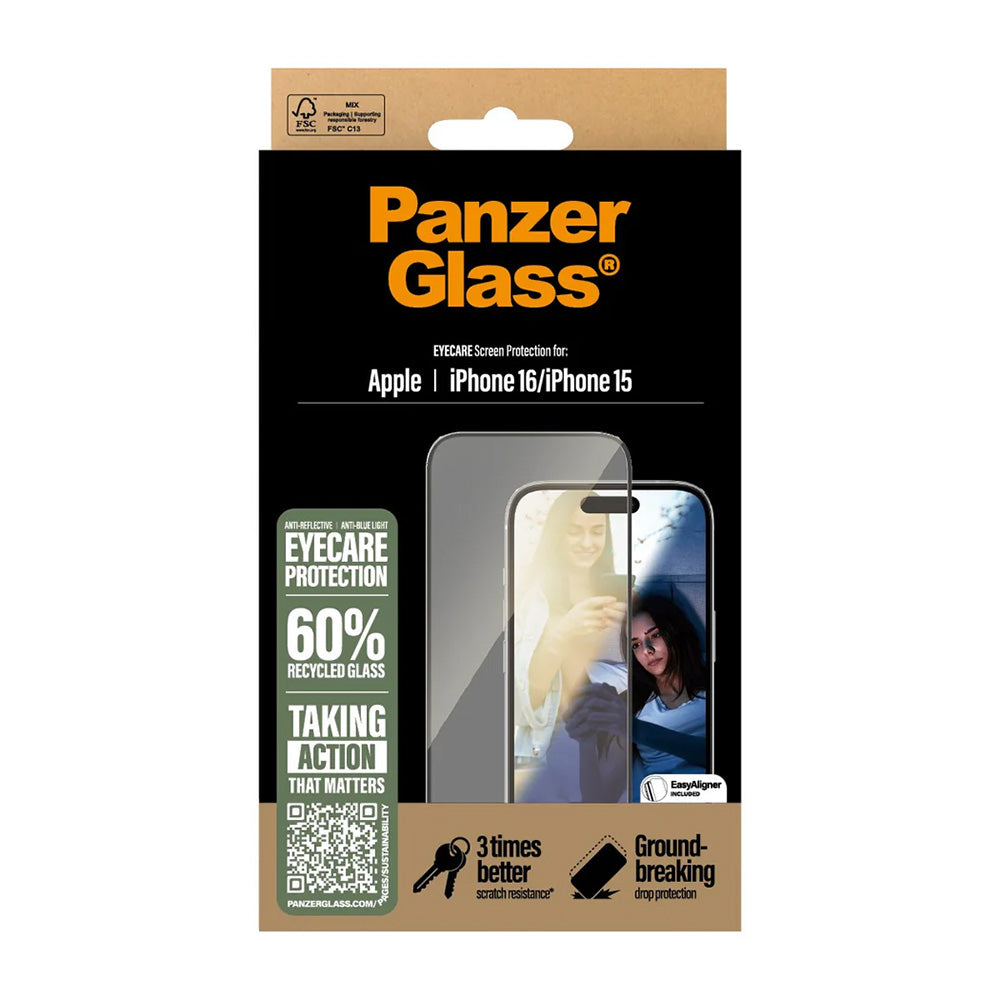 Beskyttelsesfolie PanzerGlass Ultra-Wide Fit EyeCare for Apple iPhone 16 / 15, Herdet Glass, Full Glue, Svart