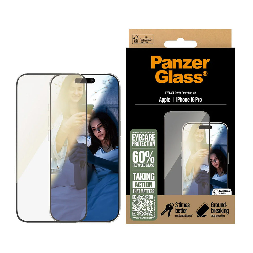 Beskyttelsesfolie PanzerGlass Ultra-Wide Fit EyeCare for Apple iPhone 16 Pro, Herdet Glass, Full Lim, Svart