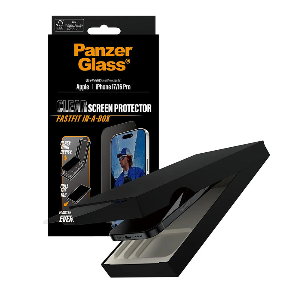Beskyttelsesfolie Skjerm PanzerGlass Ultra-Wide Fit Fastfit for Apple iPhone 17 / 16 Pro, Herdet Glass, Full Lim, Svart