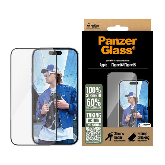 Beskyttelsesfolie PanzerGlass Ultra-Wide Fit for Apple iPhone 16 / 15, Herdet Glass, Full Lim, Svart