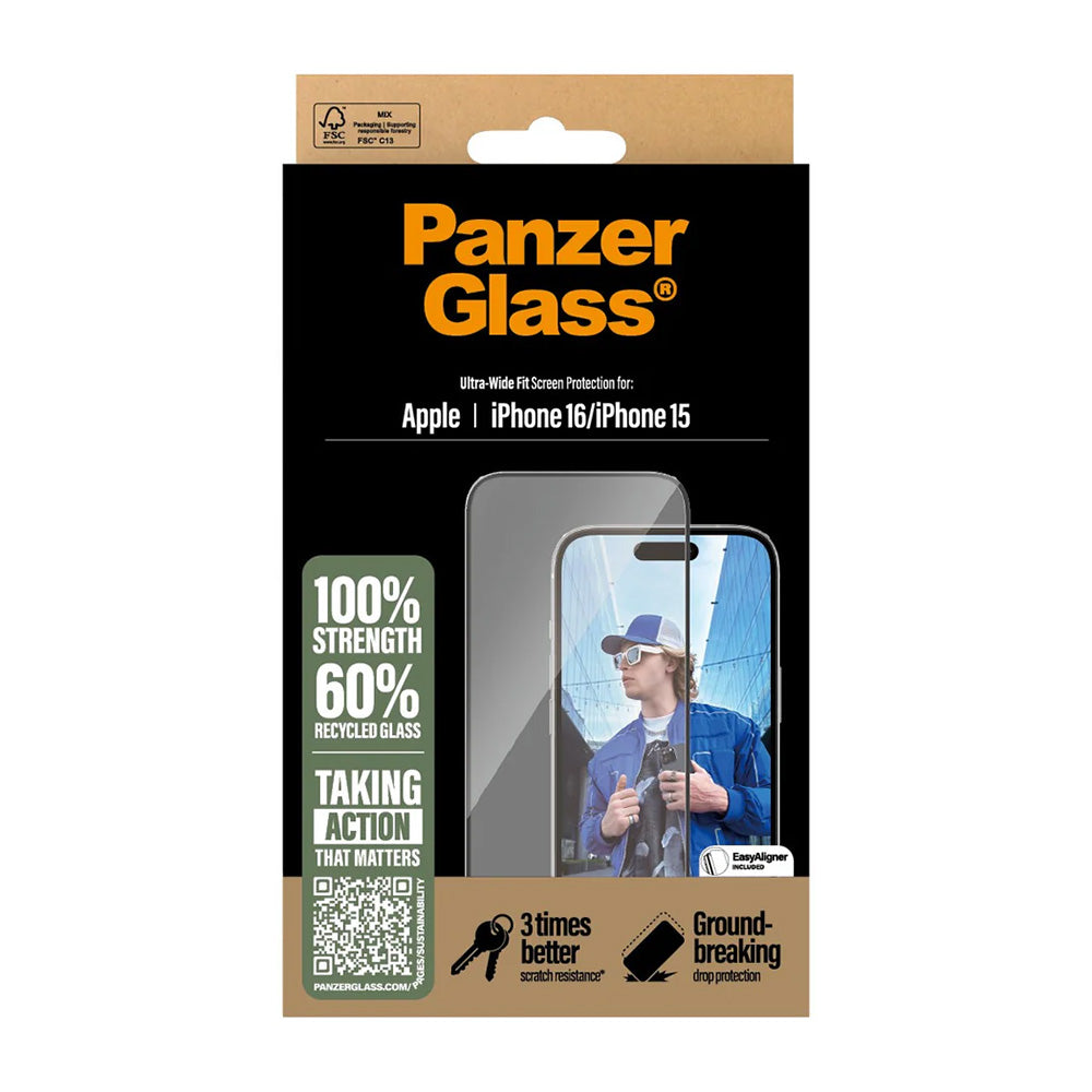 Beskyttelsesfolie PanzerGlass Ultra-Wide Fit for Apple iPhone 16 / 15, Herdet Glass, Full Lim, Svart