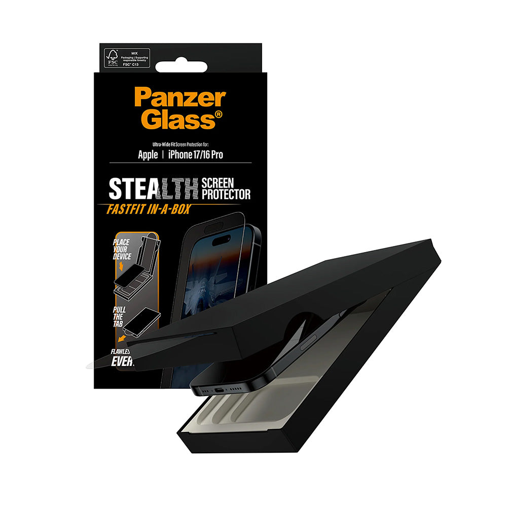 Beskyttelsesfolie PanzerGlass Ultra-Wide Fit Stealth Fastfit for Apple iPhone 17 / 16 Pro, Herdet glass, Full lim, Svart