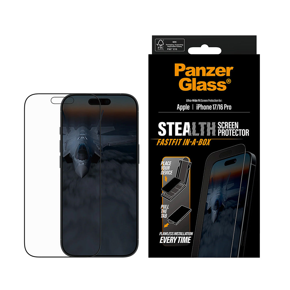 Beskyttelsesfolie PanzerGlass Ultra-Wide Fit Stealth Fastfit for Apple iPhone 17 / 16 Pro, Herdet glass, Full lim, Svart