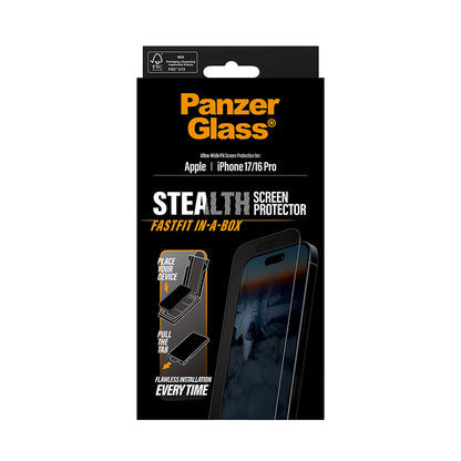 Beskyttelsesfolie PanzerGlass Ultra-Wide Fit Stealth Fastfit for Apple iPhone 17 / 16 Pro, Herdet glass, Full lim, Svart
