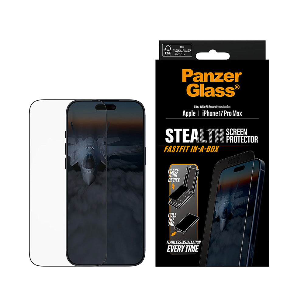Beskyttelsesfolie PanzerGlass Ultra-Wide Fit Stealth Fastfit for Apple iPhone 17 Pro Max, Herdet Glass, Full Lim, Svart