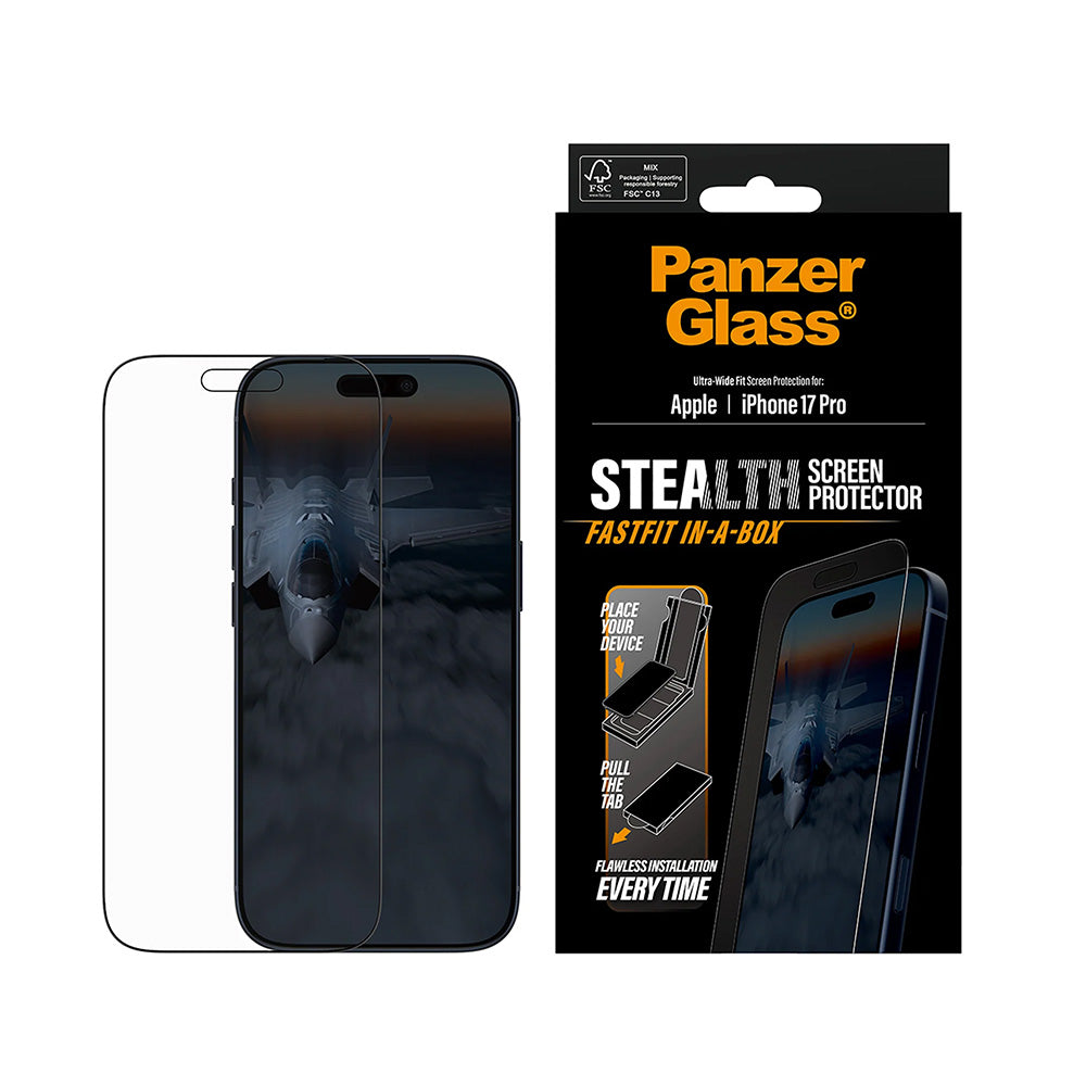 Beskyttelsesfolie PanzerGlass Ultra-Wide Fit Stealth Fastfit for Apple iPhone 17 Pro, Herdet Glass, Full Lim, Svart