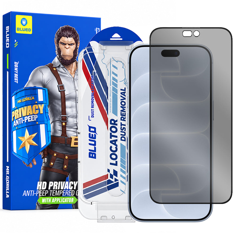 Blueo Anti-Peep Applicator Pro personvernbeskyttelse for skjerm til Apple iPhone 18 Pro, herdet glass, heldekkende lim
