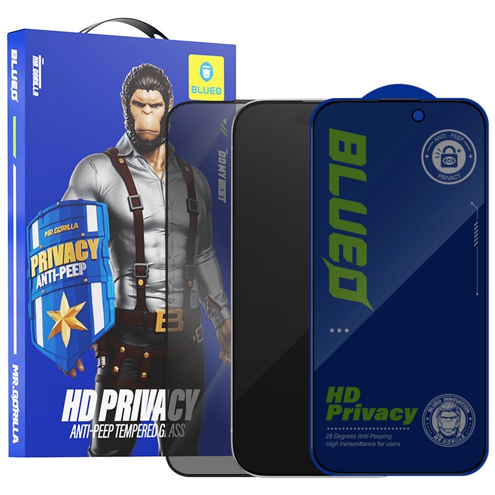 Privacy Blueo Anti-Peep skjermbeskyttelse for Apple iPhone 16 / 15, Herdet glass, Full lim