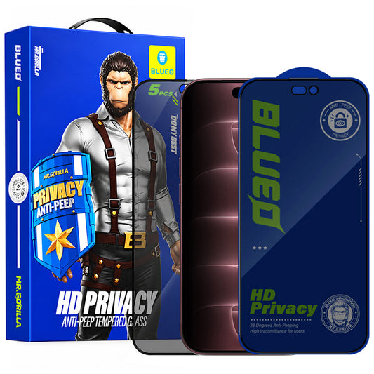 Blueo Anti-Peep personvernsskjermbeskytter for Apple iPhone 18 Pro Max, herdet glass, heldekkende lim, sett med 5 stk.