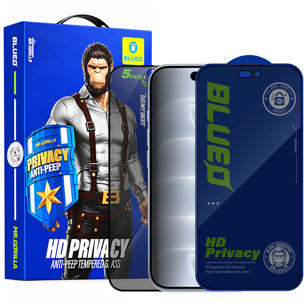 Blueo Anti-Peep personvernsskjermbeskytter for Apple iPhone 18 Pro, herdet glass, heldekkende lim, sett med 5 stk.