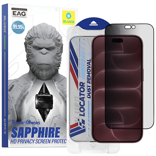 Blueo Premium Sapphire Privacy-skjermbeskytter med applikator for Apple iPhone 18 Pro Max, herdet glass, heldekkende lim