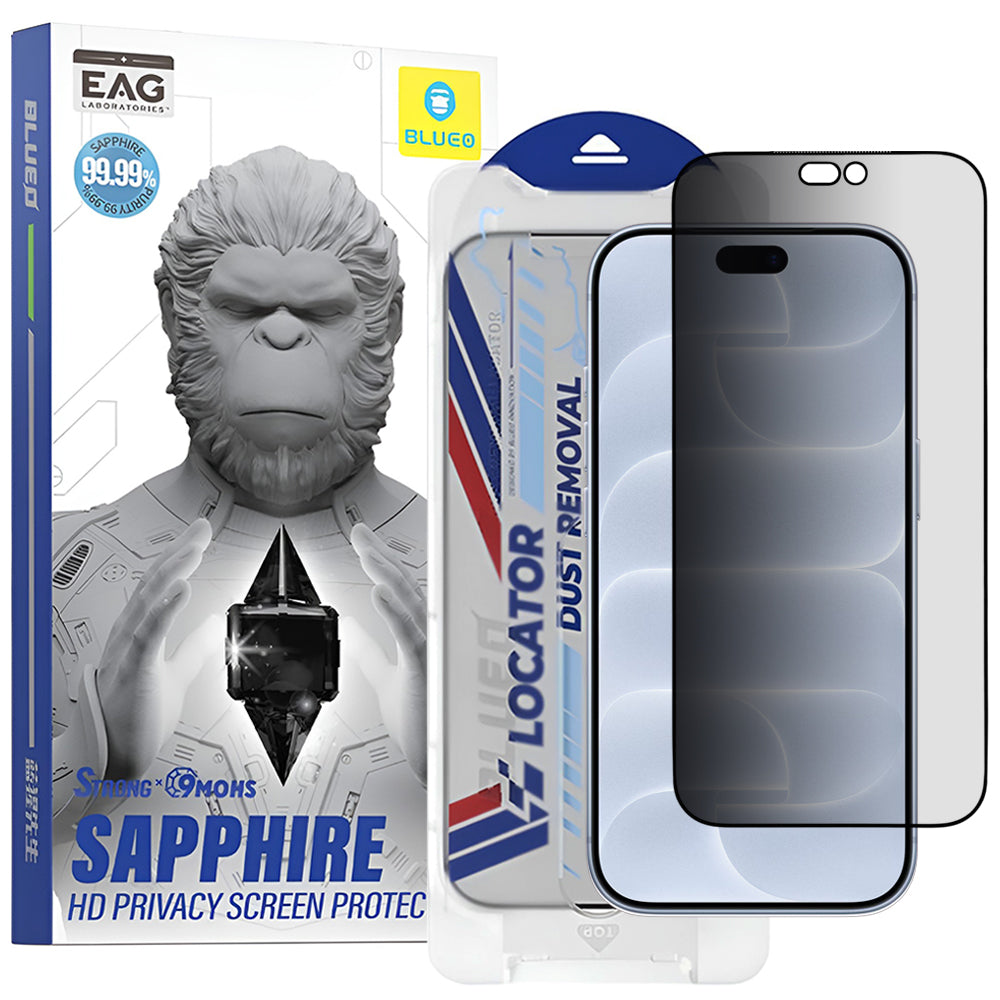 Blueo Premium Sapphire Privacy-skjermbeskytter med applikator for Apple iPhone 18 Pro, herdet glass, heldekkende lim
