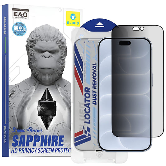 Blueo Premium Sapphire Privacy-skjermbeskytter med applikator for Apple iPhone 18 Pro, herdet glass, heldekkende lim
