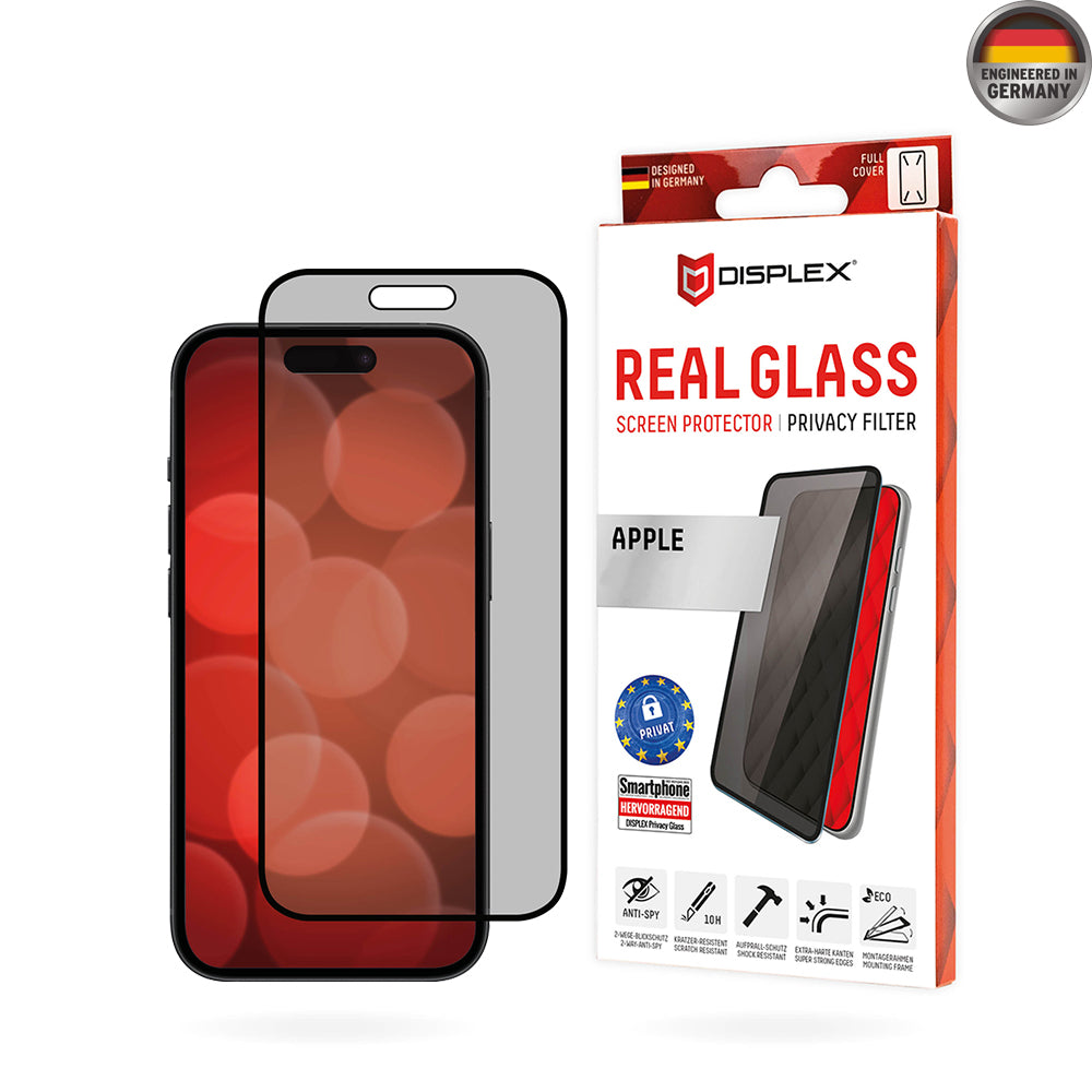Personvernsbeskyttende skjermbeskytter Displex Real Glass for Apple iPhone 16 Plus, Herdet glass, Full lim