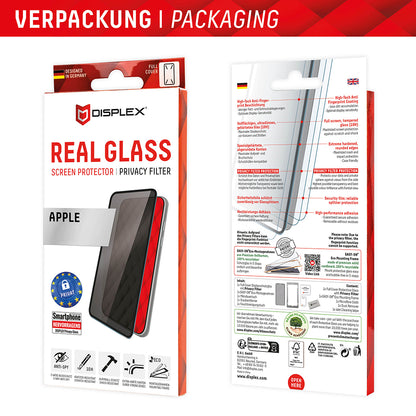 Personvernsbeskyttende skjermbeskytter Displex Real Glass for Apple iPhone 16 Plus, Herdet glass, Full lim