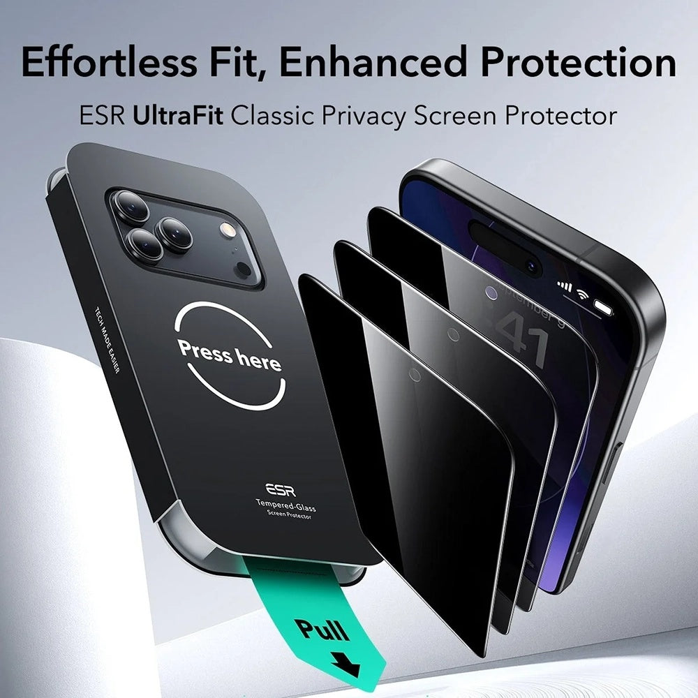Personvernsbeskyttelsesfilm ESR UltraFit Classic for Apple iPhone 18 Pro Max, Herdet glass, Full lim, Sett med 3 stk
