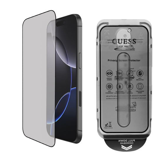Beskyttelsesfolie Privacy Guess for Apple iPhone 16, Herdet Glass, Full Lim, 2.5D, GUTGP16SBOKGCIP