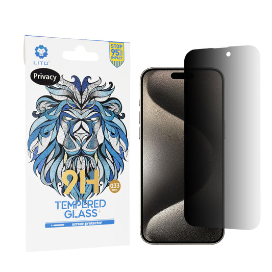 Privacy-skjermbeskyttelse Lito Classic for Apple iPhone 15 Pro Max, Herdet glass, Full lim, 2.5D