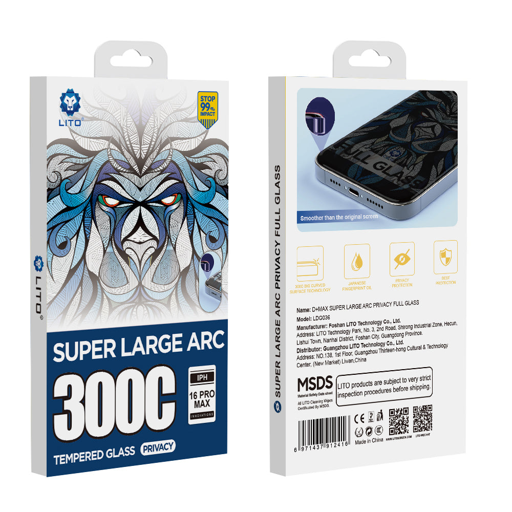 Personvernsbeskyttelsesfilm Lito D+ Max 300C for Apple iPhone 16 Plus, Herdet glass, Full lim