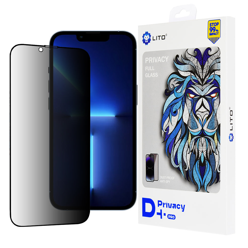Personvernsbeskyttende skjermfolie Lito D+ Pro for Apple iPhone 14 Plus / 13 Pro Max, Herdet glass, Full lim