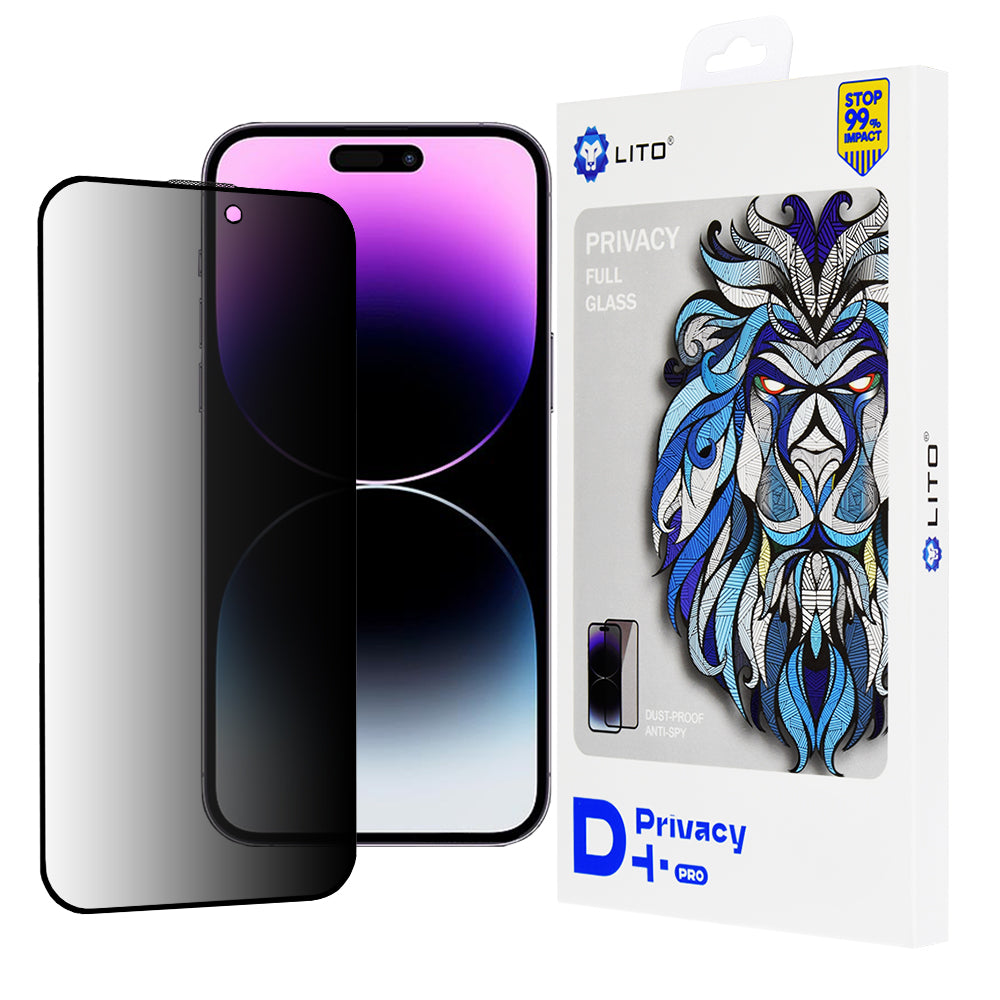 Personvernsbeskyttende skjermfolie Lito D+ Pro for Apple iPhone 14 Pro Max, Herdet glass, Full lim