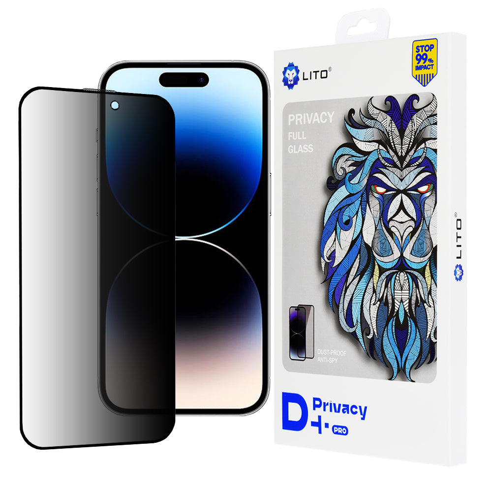 Personvernsbeskyttende skjermfolie Lito D+ Pro for Apple iPhone 14 Pro, Herdet glass, Full lim