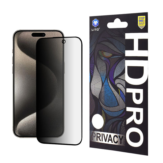 Personvernsbeskyttelsesfilm Lito HD Pro for Apple iPhone 15 Pro Max, Herdet glass, Full lim