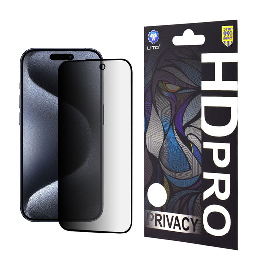 Privacy-skjermbeskyttelse Lito HD Pro for Apple iPhone 15 Pro, Herdet glass, Full lim