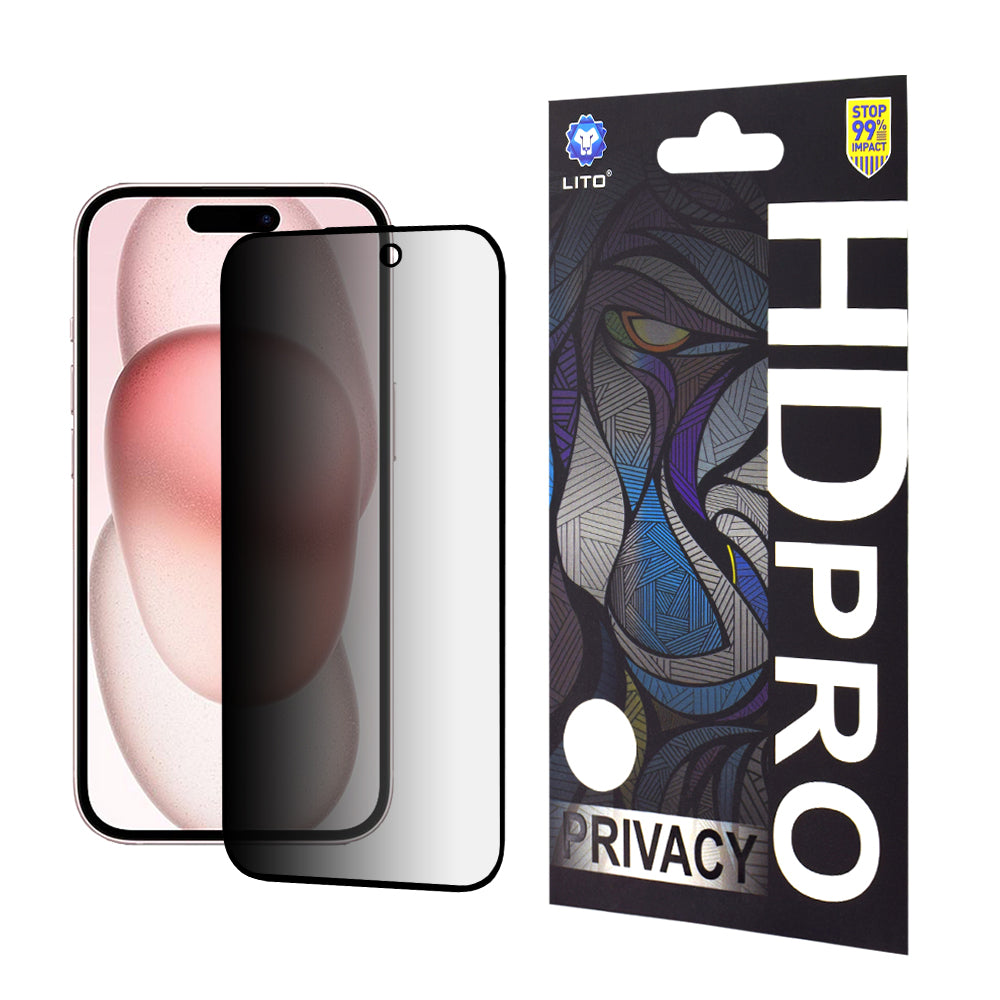 Privacy-skjermbeskyttelse Lito HD Pro for Apple iPhone 15, Herdet glass, Full lim